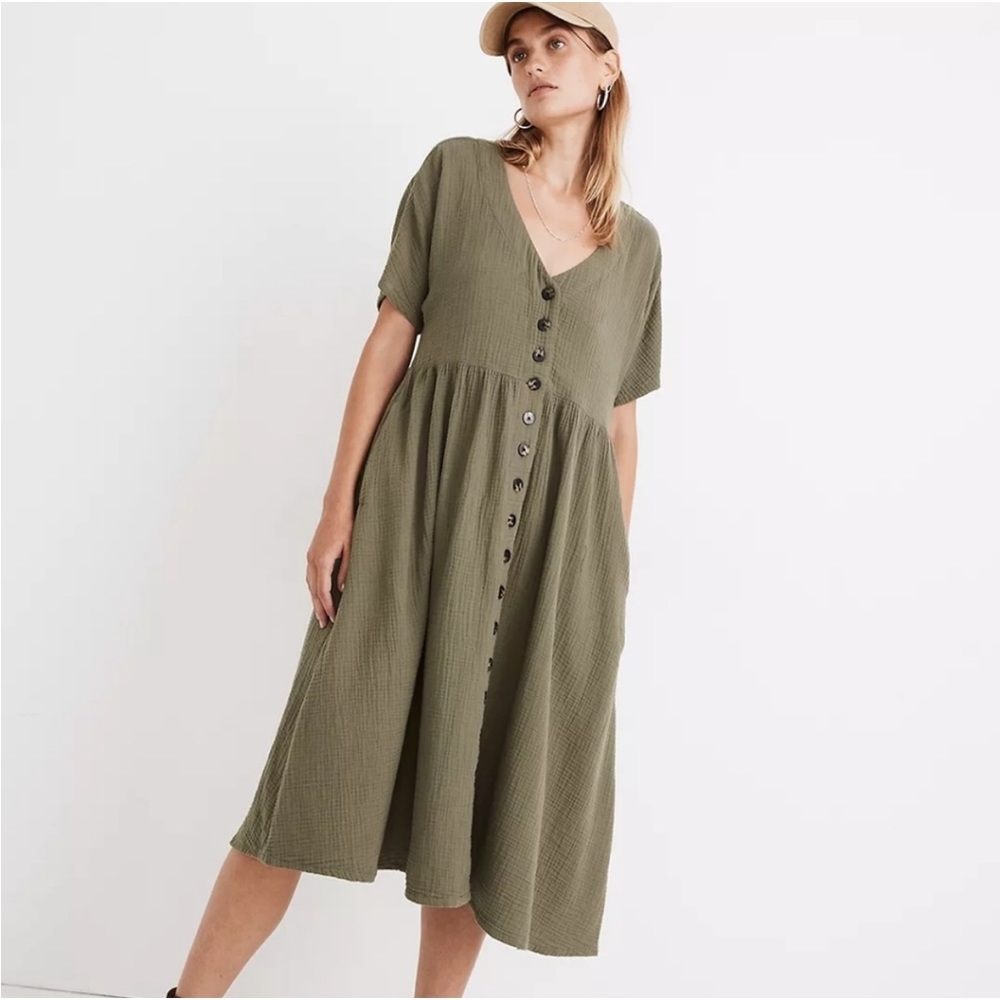Madewell Lightspun Button Front Midi Dress, Size XS, army green color